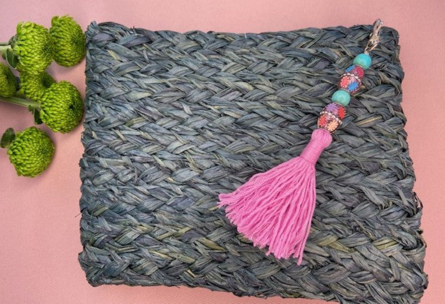 Handmade raffia craft A5 size clutch bag with blue zip and bead and pink thread tassel