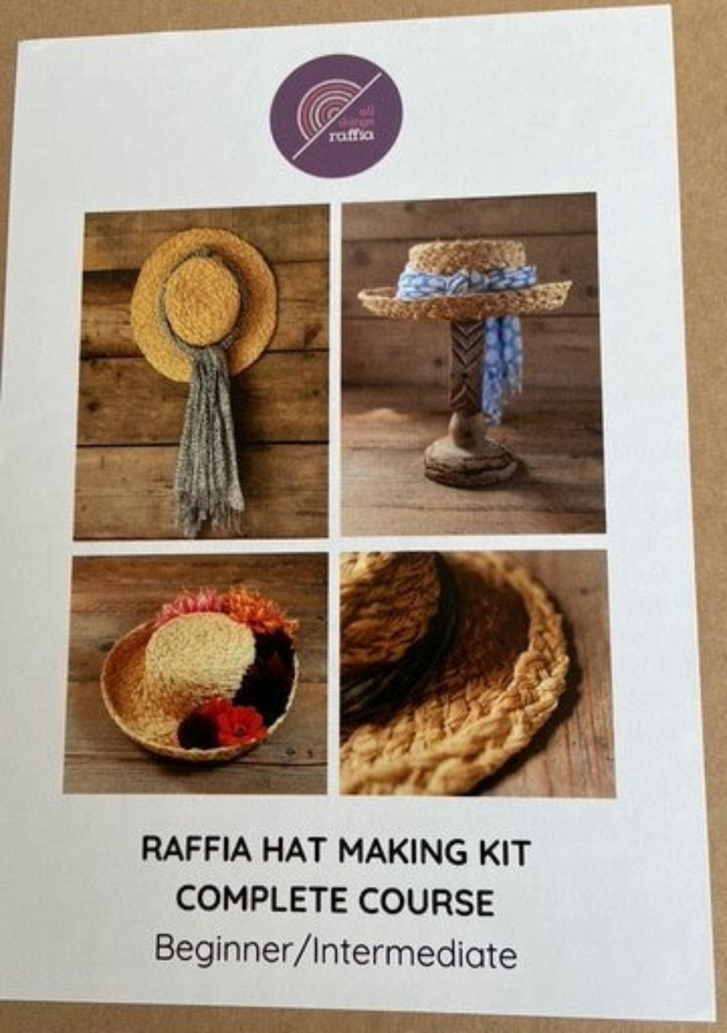 Flyer showing the label for raffia craft hat kit with pictures of four hats